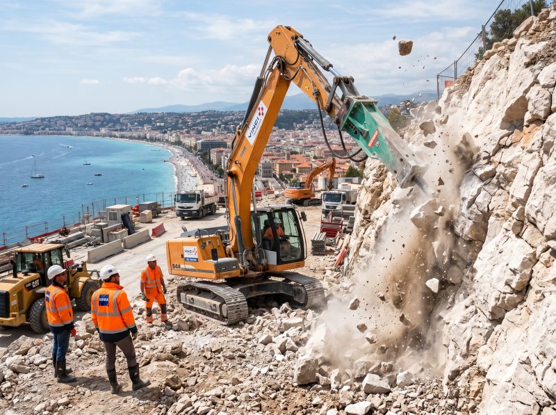 Brise-roche hydraulique sur terrain rocheux dans les Alpes-Maritimes